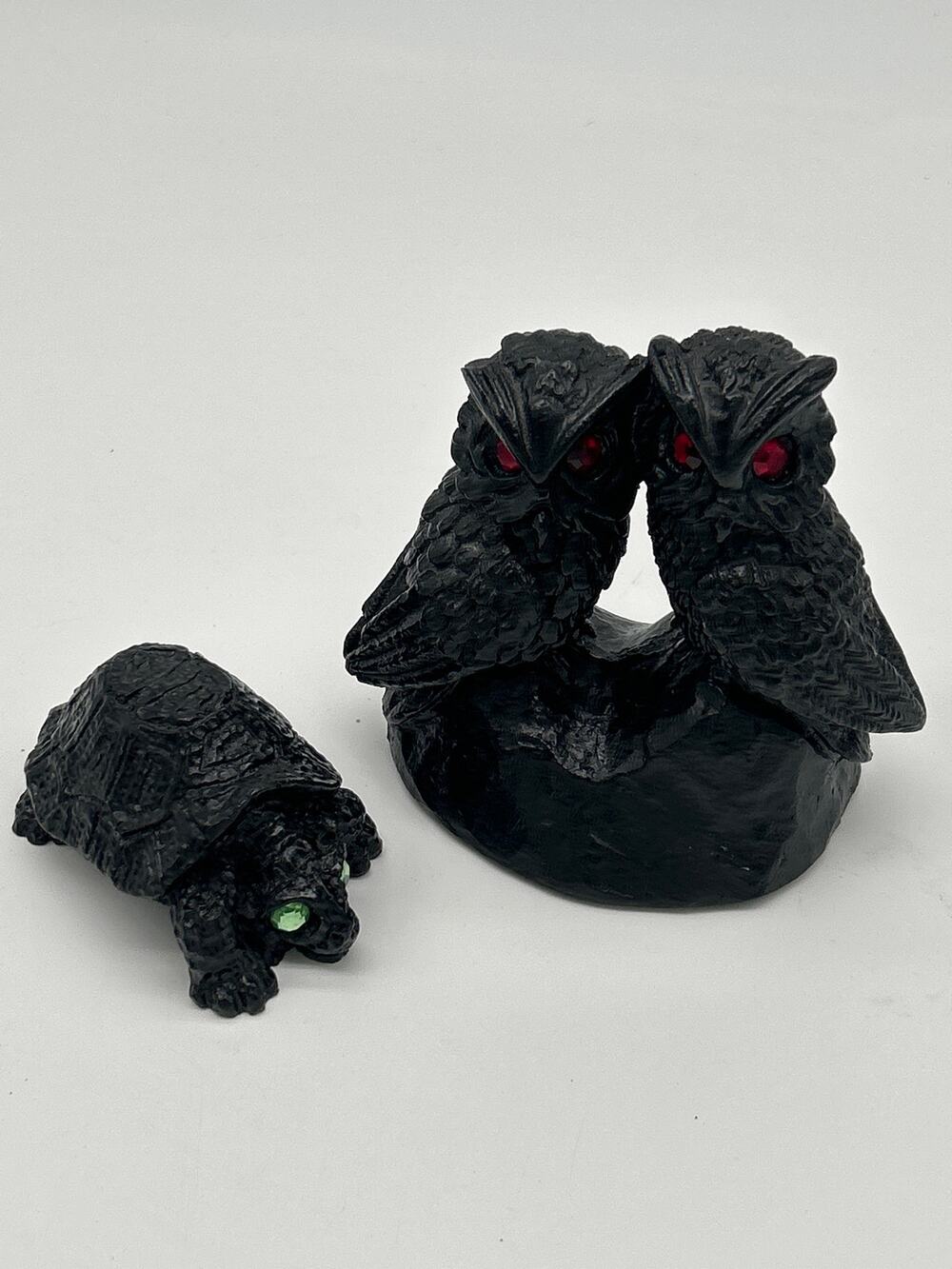Vintage Handcrafted From Coal Owl Sculpture Red Eyes & Turtle Figurine Folk Art